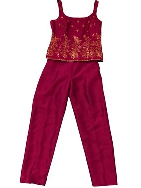 Silk Vintage Ann Taylor Women’s Two-Piece Embroidered Tank & Pants Set